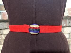 elastic belt round striped clasp red purple tan 1980s